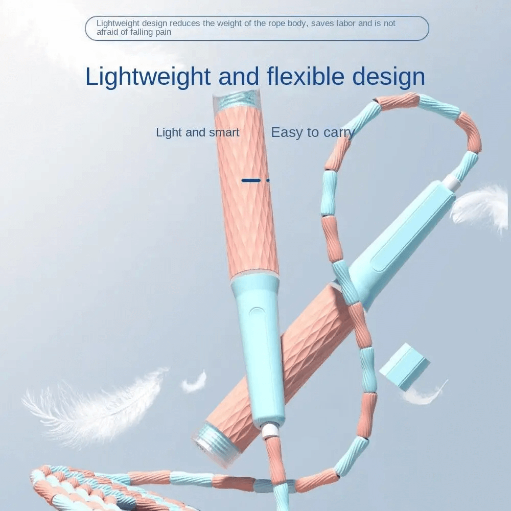 Adjustable beaded jump rope with blue anti-slip handles, showcasing lightweight and flexible design against a soft background.